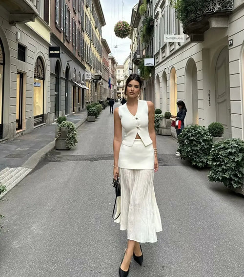 2025 European and American Summer New Set V-neck Solid Color Button Knitted Vest+pleated Half Skirt Women's Set