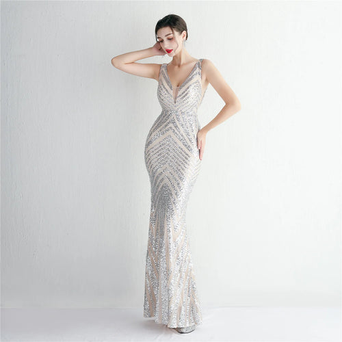 19586# Positioning Flower Sequin Long Mermaid Formaldress  Evening Dress Women Party Dress Long Wear Sequin